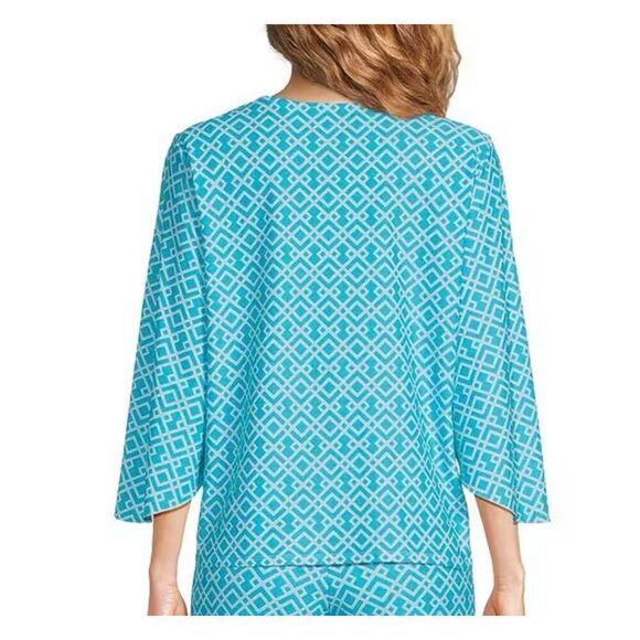 Jude Connally Daniella Stretch Trellis Trio Aqua 3/4 Flutter Sleeve Top S NWT - Picture 2 of 4